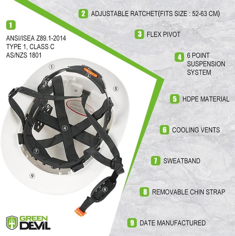 GREEN DEVIL Full Brim Hard Hat Vented Construction Safety Helmet OSHA Approved Cascos De Construccion Work Hardhats with Cooling Towel for Men&Women 6 Point Adjustable Ratchet Suspension - Image 4
